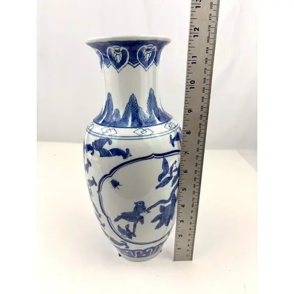 Blue & White Chinese Porcelain Vase with Floral & Bird Design‎ 11.75" - Picture 3 of 14